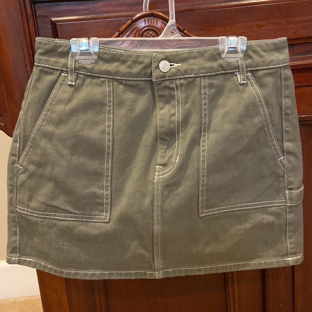 PacSun Utility Mini Pocket Skirt Olive Army Military Green Denim Cargo Carpenter